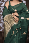 Kashi ~ Handloom Pure Silk High Quality Kora Saree in Bottle Green with Buttis (Silk Mark Certified) - verymuchindian.com