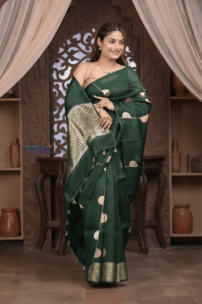 Kashi ~ Handloom Pure Silk High Quality Kora Saree in Bottle Green with Buttis (Silk Mark Certified) - verymuchindian.com