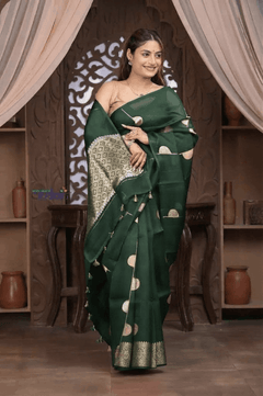 Kashi ~ Handloom Pure Silk High Quality Kora Saree in Bottle Green with Buttis (Silk Mark Certified) - verymuchindian.com