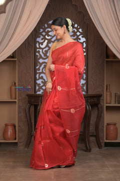 Kashi ~ Handloom Pure Silk High Quality Kora Saree in Crescent Red with Buttis (Silk Mark Certified) - verymuchindian.com