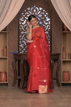 Kashi ~ Handloom Pure Silk High Quality Kora Saree in Crescent Red with Buttis (Silk Mark Certified) - verymuchindian.com