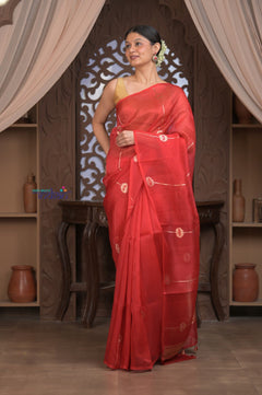 Kashi ~ Handloom Pure Silk High Quality Kora Saree in Crescent Red with Buttis (Silk Mark Certified) - verymuchindian.com