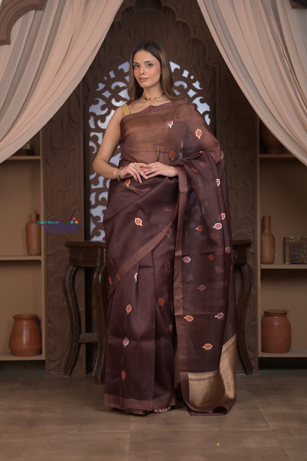 Kashi ~ Handloom Pure Silk High Quality Kora Saree in Dark Brown with Buttis (Silk Mark Certified) - verymuchindian.com