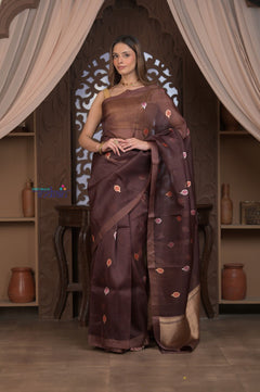 Kashi ~ Handloom Pure Silk High Quality Kora Saree in Dark Brown with Buttis (Silk Mark Certified) - verymuchindian.com