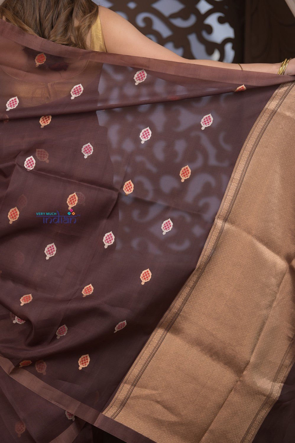 Kashi ~ Handloom Pure Silk High Quality Kora Saree in Dark Brown with Buttis (Silk Mark Certified) - verymuchindian.com