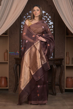 Kashi ~ Handloom Pure Silk High Quality Kora Saree in Dark Brown with Buttis (Silk Mark Certified) - verymuchindian.com