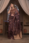 Kashi ~ Handloom Pure Silk High Quality Kora Saree in Dark Brown with Buttis (Silk Mark Certified) - verymuchindian.com