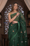 Kashi ~ Handloom Pure Silk High Quality Kora Saree in Dark Green with Buttis (Silk Mark Certified) - verymuchindian.com