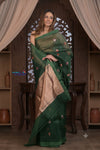 Kashi ~ Handloom Pure Silk High Quality Kora Saree in Dark Green with Buttis (Silk Mark Certified) - verymuchindian.com