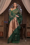 Kashi ~ Handloom Pure Silk High Quality Kora Saree in Dark Green with Buttis (Silk Mark Certified) - verymuchindian.com