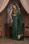 Kashi ~ Handloom Pure Silk High Quality Kora Saree in Dark Green with Buttis (Silk Mark Certified) - verymuchindian.com