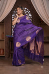 Kashi ~ Handloom Pure Silk High Quality Kora Saree in Dark Purple with Buttis (Silk Mark Certified) - verymuchindian.com