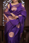 Kashi ~ Handloom Pure Silk High Quality Kora Saree in Dark Purple with Buttis (Silk Mark Certified) - verymuchindian.com