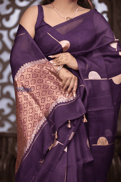 Kashi ~ Handloom Pure Silk High Quality Kora Saree in Deep Purple with Buttis (Silk Mark Certified) - verymuchindian.com