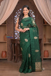 Kashi ~ Handloom Pure Silk High Quality Kora Saree in Leaf Green with Buttis (Silk Mark Certified) - verymuchindian.com