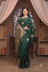 Kashi ~ Handloom Pure Silk High Quality Kora Saree in Leaf Green with Buttis (Silk Mark Certified) - verymuchindian.com