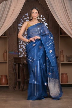 Kashi ~ Handloom Pure Silk High Quality Kora Saree in Marine Blue with Buttis (Silk Mark Certified) - verymuchindian.com
