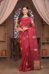Kashi ~ Handloom Pure Silk High Quality Kora Saree in Maroon Gold with Buttis (Silk Mark Certified) - verymuchindian.com