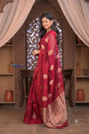 Kashi ~ Handloom Pure Silk High Quality Kora Saree in Maroon Gold with Buttis (Silk Mark Certified) - verymuchindian.com