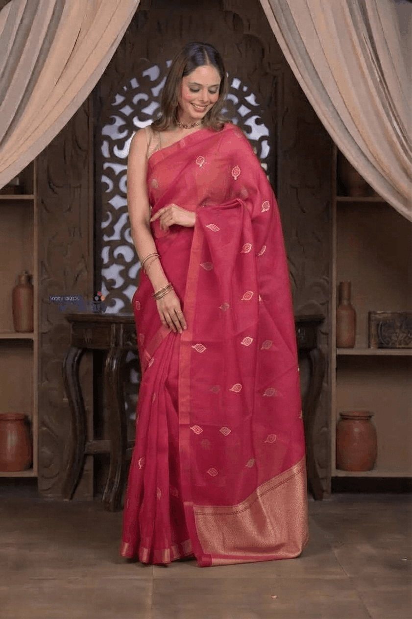 Kashi ~ Handloom Pure Silk High Quality Kora Saree in Rani Pink with Buttis (Silk Mark Certified) - verymuchindian.com