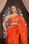 Kashi ~ Handloom Pure Silk High Quality Kora Saree in Salient Orange with Buttis (Silk Mark Certified) - verymuchindian.com