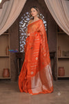Kashi ~ Handloom Pure Silk High Quality Kora Saree in Salient Orange with Buttis (Silk Mark Certified) - verymuchindian.com