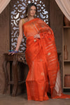 Kashi ~ Handloom Pure Silk High Quality Kora Saree in Salient Orange with Buttis (Silk Mark Certified) - verymuchindian.com