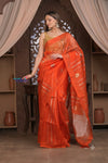 Kashi ~ Handloom Pure Silk High Quality Kora Saree in Salient Orange with Buttis (Silk Mark Certified) - verymuchindian.com