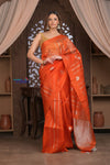 Kashi ~ Handloom Pure Silk High Quality Kora Saree in Salient Orange with Buttis (Silk Mark Certified) - verymuchindian.com