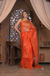 Kashi ~ Handloom Pure Silk High Quality Kora Saree in Salient Orange with Buttis (Silk Mark Certified) - verymuchindian.com