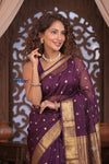 Kashi ~ Handloom Pure Silk Jamdhani Saree in Purple and Gold - verymuchindian.com