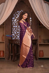 Kashi ~ Handloom Pure Silk Jamdhani Saree in Purple and Gold - verymuchindian.com