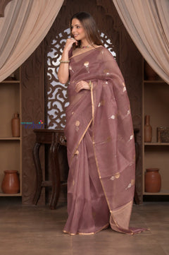 Kashi ~ Handloom Pure Silk Jamdhani Saree in Slaked Brown and Gold - verymuchindian.com