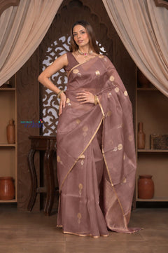Kashi ~ Handloom Pure Silk Jamdhani Saree in Slaked Brown and Gold - verymuchindian.com