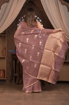 Kashi ~ Handloom Pure Silk Jamdhani Saree in Slaked Brown and Gold - verymuchindian.com
