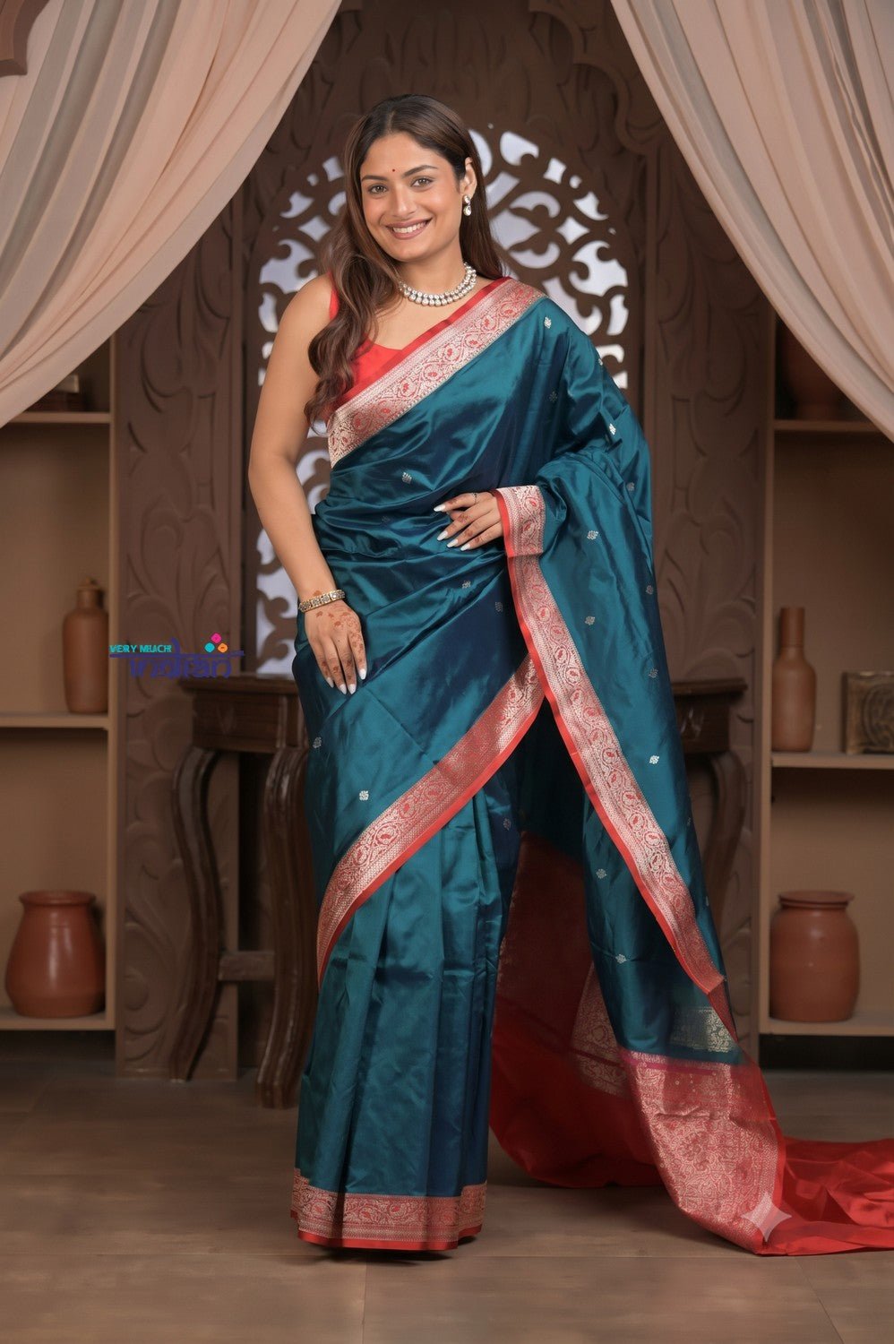 Kashi ~ Handloom Pure Silk Katan Saree in Azure Blue Gold (Silk Mark Certified) - verymuchindian.com