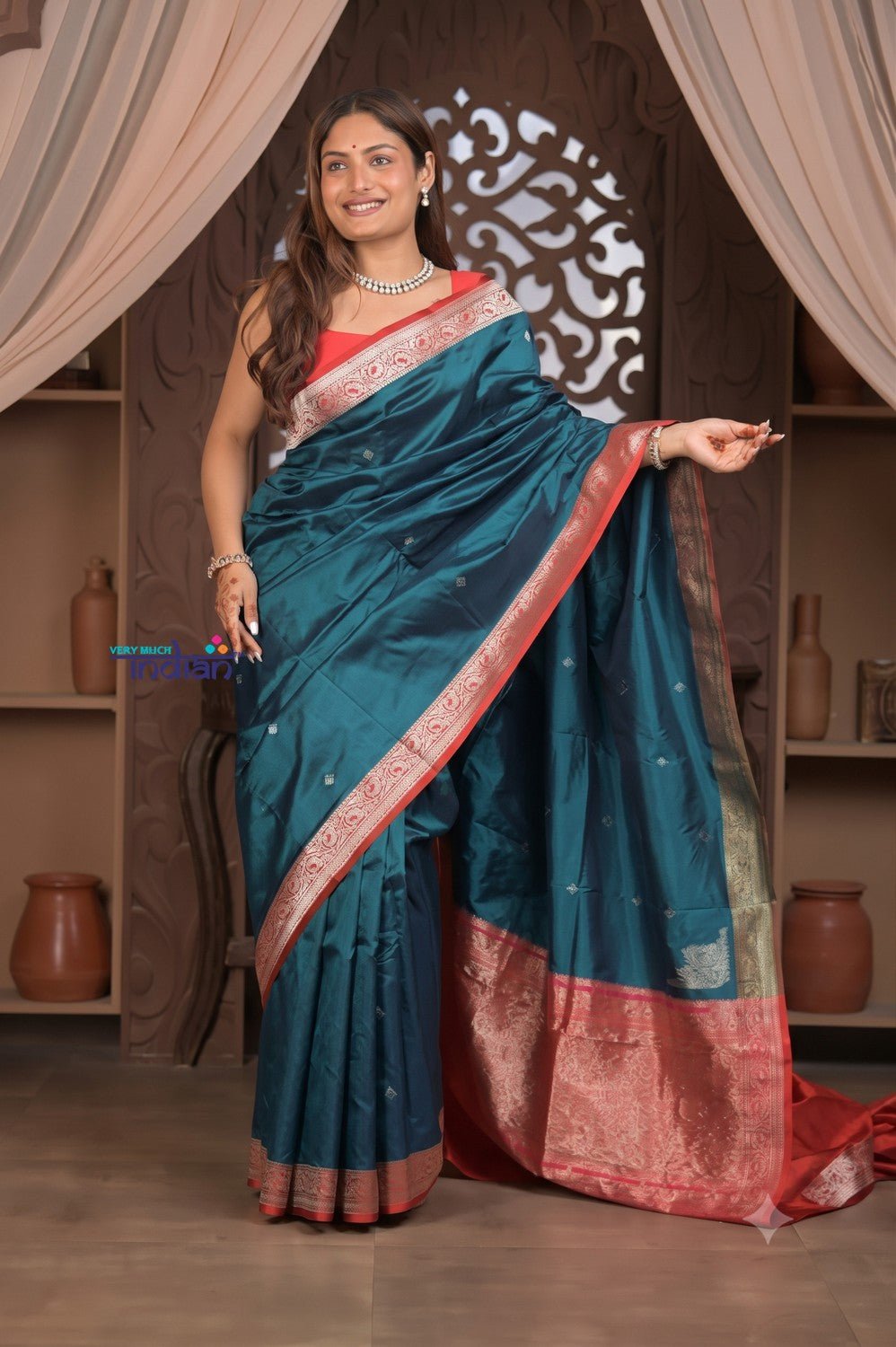 Kashi ~ Handloom Pure Silk Katan Saree in Azure Blue Gold (Silk Mark Certified) - verymuchindian.com