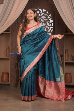 Kashi ~ Handloom Pure Silk Katan Saree in Azure Blue Gold (Silk Mark Certified) - verymuchindian.com