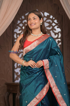 Kashi ~ Handloom Pure Silk Katan Saree in Azure Blue Gold (Silk Mark Certified) - verymuchindian.com