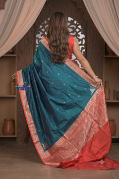 Kashi ~ Handloom Pure Silk Katan Saree in Azure Blue Gold (Silk Mark Certified) - verymuchindian.com