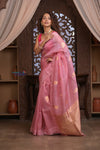 Kashi ~ Handloom Pure Silk Kora Saree in Blush Pink with PaIsley Buttis (Silk Mark Certified) - verymuchindian.com