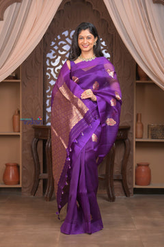 Kashi ~ Handloom Pure Silk Kora Saree in Purple with PaIsley Buttis (Silk Mark Certified) - verymuchindian.com