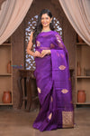 Kashi ~ Handloom Pure Silk Kora Saree in Purple with PaIsley Buttis (Silk Mark Certified) - verymuchindian.com