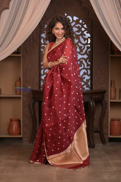 Kashi ~ Handloom Pure Silk Kora Saree in Red with Lotus Buttis (Silk Mark Certified) - verymuchindian.com