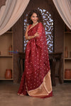 Kashi ~ Handloom Pure Silk Kora Saree in Red with Lotus Buttis (Silk Mark Certified) - verymuchindian.com