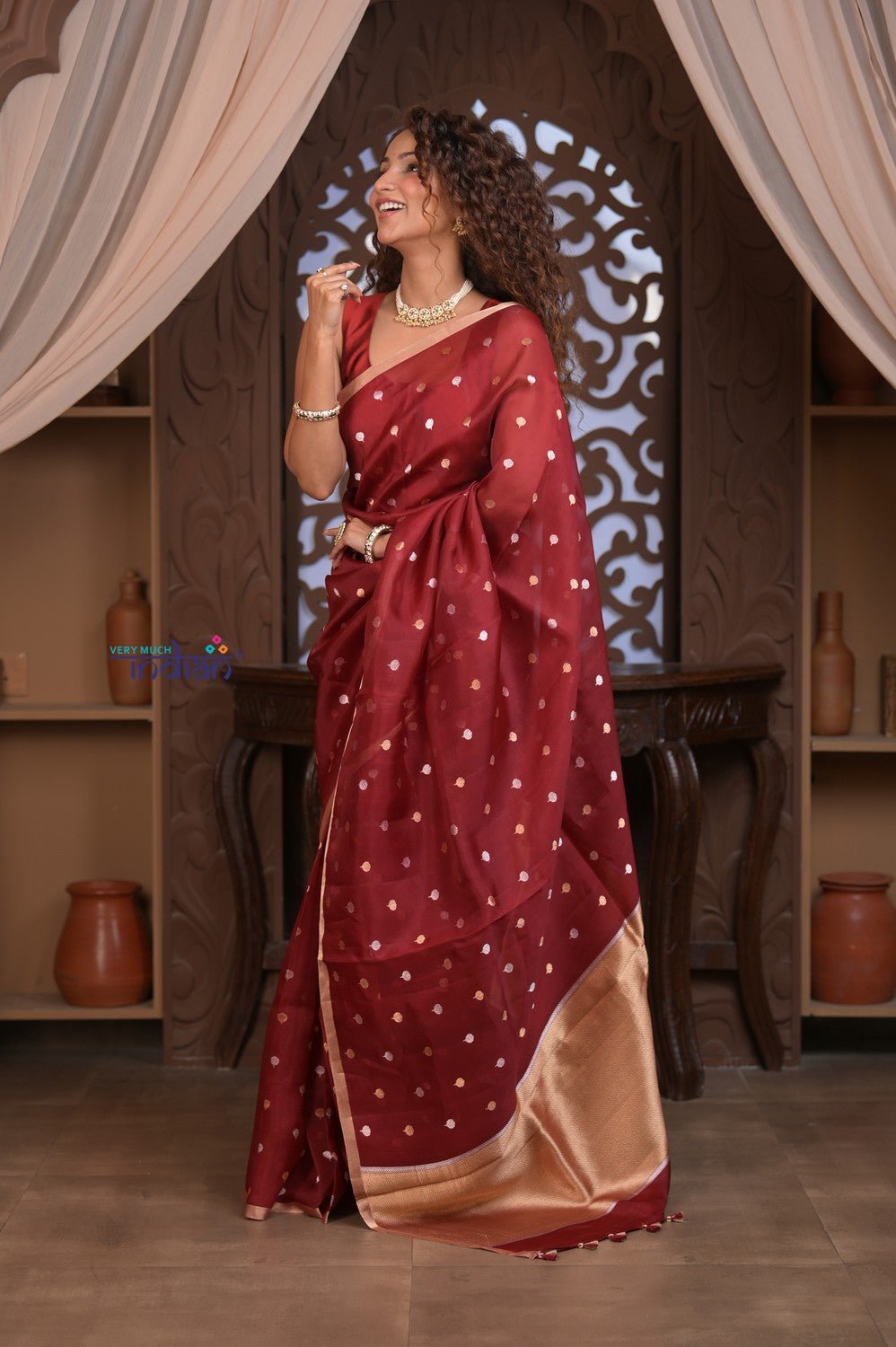 Kashi ~ Handloom Pure Silk Kora Saree in Red with Lotus Buttis (Silk Mark Certified) - verymuchindian.com
