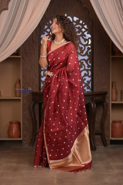 Kashi ~ Handloom Pure Silk Kora Saree in Red with Lotus Buttis (Silk Mark Certified) - verymuchindian.com