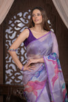 Kashi ~ Handloom Pure Silk Organza Saree in Lilac with Floral Handpaint (Silk Mark Certified) - verymuchindian.com