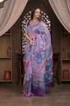 Kashi ~ Handloom Pure Silk Organza Saree in Lilac with Floral Handpaint (Silk Mark Certified) - verymuchindian.com