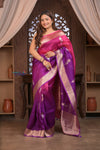 Kashi ~ Handloom Pure Silk Organza Saree in Pink and Purple with PaIsley Buttis (Silk Mark Certified) - verymuchindian.com